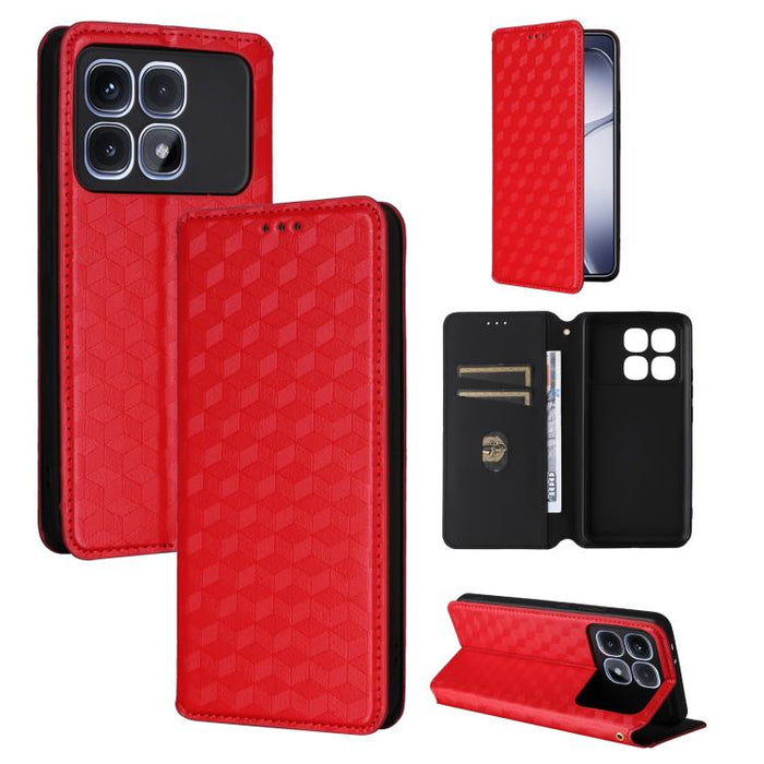 Funda de cuero plegable con textura de cuadrícula cúbica para teléfono, For Redmi K80 / K80 Pro, For Redmi Note 14 Pro 4G Global, For Redmi Note 14 4G 163.25mm, For Redmi Note 14 Pro+ 5G, For Redmi 14C 4G, For Redmi K70 Ultra                           ...