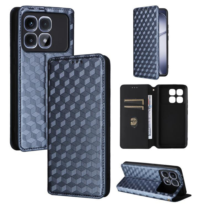 Funda de cuero plegable con textura de cuadrícula cúbica para teléfono, For Redmi K80 / K80 Pro, For Redmi Note 14 Pro 4G Global, For Redmi Note 14 4G 163.25mm, For Redmi Note 14 Pro+ 5G, For Redmi 14C 4G, For Redmi K70 Ultra                           ...