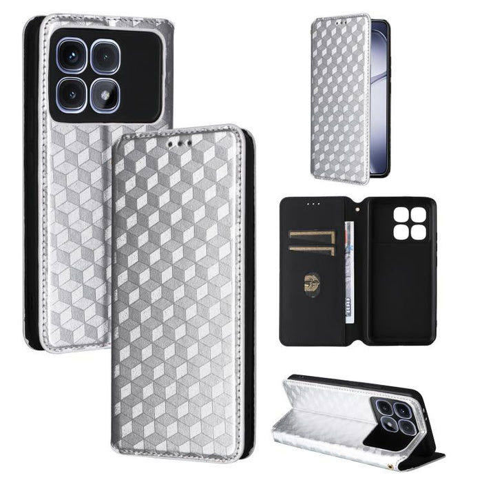 Funda de cuero plegable con textura de cuadrícula cúbica para teléfono, For Redmi K80 / K80 Pro, For Redmi Note 14 Pro 4G Global, For Redmi Note 14 4G 163.25mm, For Redmi Note 14 Pro+ 5G, For Redmi 14C 4G, For Redmi K70 Ultra                           ...