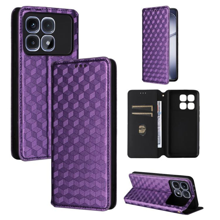 Funda de cuero plegable con textura de cuadrícula cúbica para teléfono, For Redmi K80 / K80 Pro, For Redmi Note 14 Pro 4G Global, For Redmi Note 14 4G 163.25mm, For Redmi Note 14 Pro+ 5G, For Redmi 14C 4G, For Redmi K70 Ultra                           ...