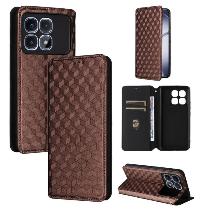 Funda de cuero plegable con textura de cuadrícula cúbica para teléfono, For Redmi K80 / K80 Pro, For Redmi Note 14 Pro 4G Global, For Redmi Note 14 4G 163.25mm, For Redmi Note 14 Pro+ 5G, For Redmi 14C 4G, For Redmi K70 Ultra                           ...