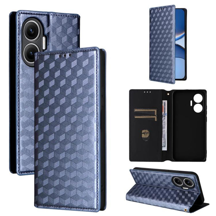 Funda de cuero plegable con textura de cuadrícula cúbica para teléfono, For Redmi K80 / K80 Pro, For Redmi Note 14 Pro 4G Global, For Redmi Note 14 4G 163.25mm, For Redmi Note 14 Pro+ 5G, For Redmi 14C 4G, For Redmi K70 Ultra                           ...