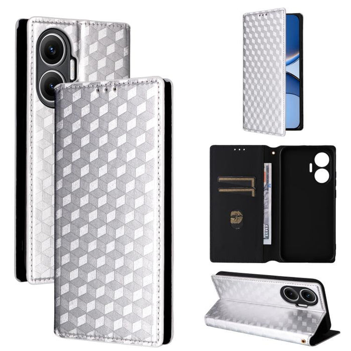 Funda de cuero plegable con textura de cuadrícula cúbica para teléfono, For Redmi K80 / K80 Pro, For Redmi Note 14 Pro 4G Global, For Redmi Note 14 4G 163.25mm, For Redmi Note 14 Pro+ 5G, For Redmi 14C 4G, For Redmi K70 Ultra                           ...
