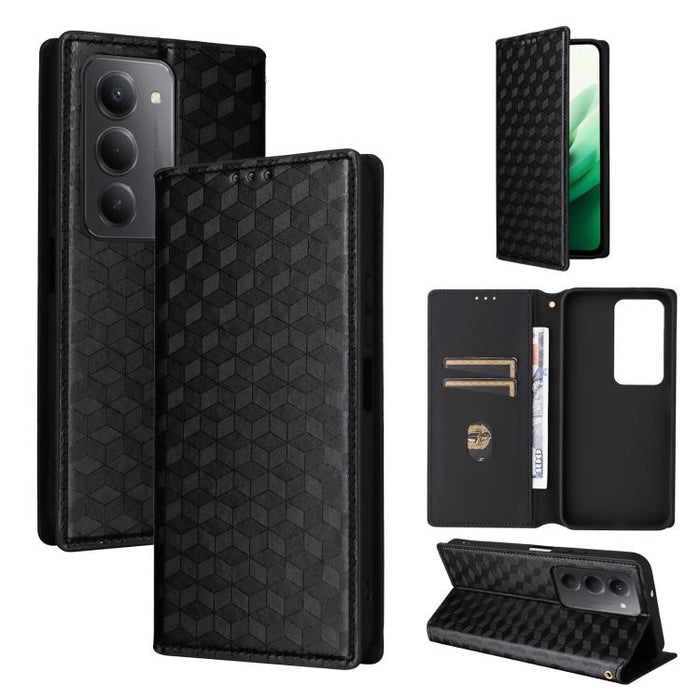 Funda de cuero plegable con textura de cuadrícula cúbica para teléfono, For Redmi K80 / K80 Pro, For Redmi Note 14 Pro 4G Global, For Redmi Note 14 4G 163.25mm, For Redmi Note 14 Pro+ 5G, For Redmi 14C 4G, For Redmi K70 Ultra                           ...