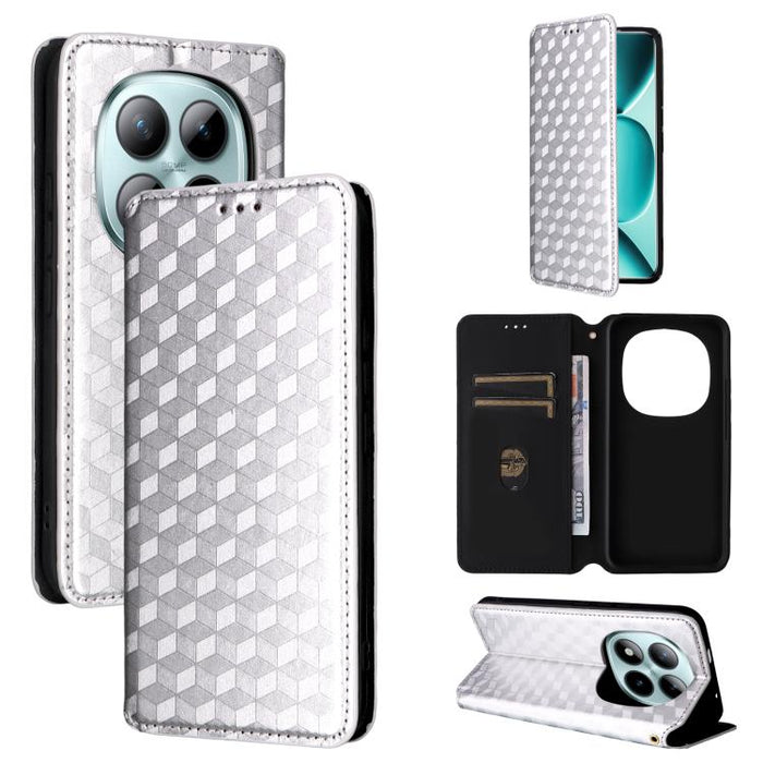 Funda de cuero plegable con textura de cuadrícula cúbica para teléfono, For Redmi K80 / K80 Pro, For Redmi Note 14 Pro 4G Global, For Redmi Note 14 4G 163.25mm, For Redmi Note 14 Pro+ 5G, For Redmi 14C 4G, For Redmi K70 Ultra                           ...