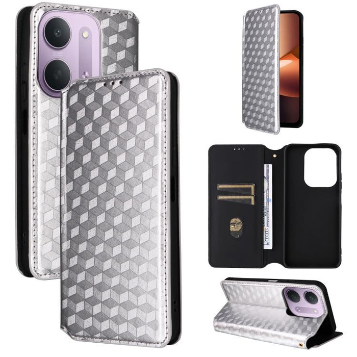 Funda de cuero plegable con textura de cuadrícula cúbica para teléfono, For Redmi Note 17 5G / 4G Global / 5G India 169.7mm, For Redmi 17C 5G, For Redmi Note 17 Pro+ 5G Global 163.4mm, For Redmi 17 5G / 4G Global 170mm, For Redmi 17C 4G / 14C / 14R / A...