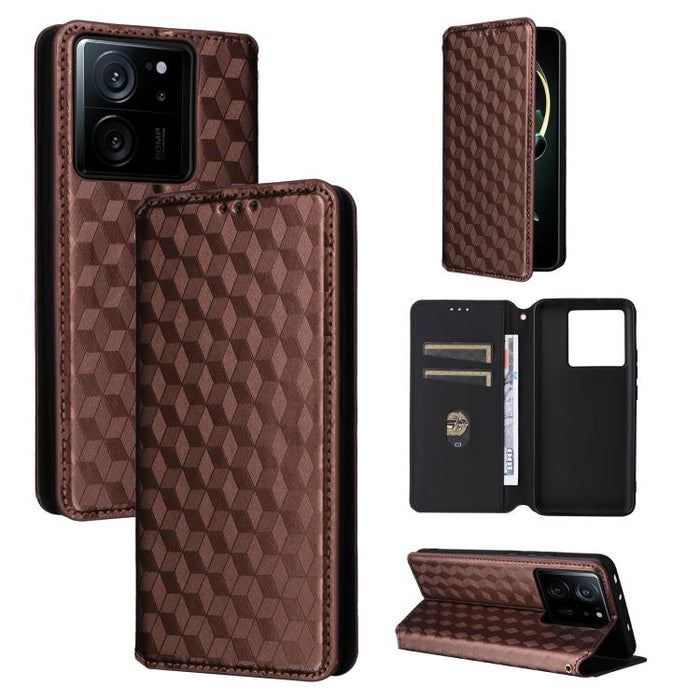 Funda de cuero plegable con textura de cuadrícula cúbica para teléfono, For Xiaomi 14, For Xiaomi Poco M6 Pro 5G / Redmi 12 5G, For Xiaomi 13T 5G / 13T Pro 5G, For Xiaomi Poco F5 5G / Redmi Note 12 Turbo 5G, For Xiaomi Poco F5 Pro 5G, For Xiaomi 13 Ult...