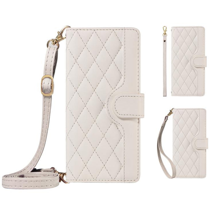 Funda para teléfono de cuero con tres ranuras para tarjetas y diseño de rejilla de diamante, con correas largas y cortas., For Xiaomi Poco M6 Pro 4G Global