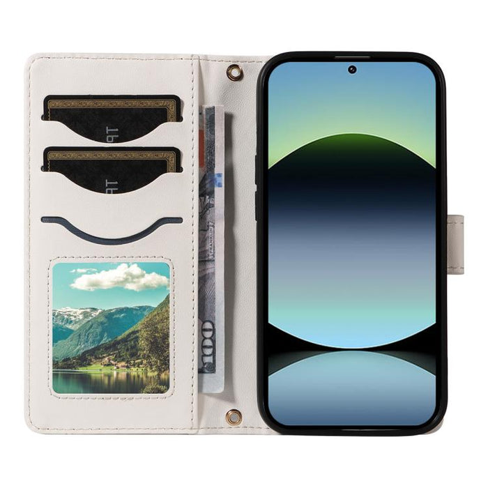 Funda para teléfono de cuero con tres ranuras para tarjetas y diseño de rejilla de diamante, con correas largas y cortas., For Xiaomi Poco M6 Pro 4G Global