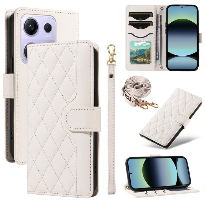 Funda para teléfono de cuero con tres ranuras para tarjetas y diseño de rejilla de diamante, con correas largas y cortas., For Xiaomi Poco M6 Pro 4G Global