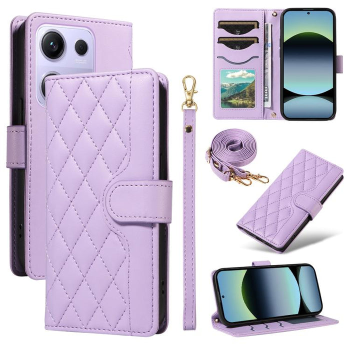 Funda para teléfono de cuero con tres ranuras para tarjetas y diseño de rejilla de diamante, con correas largas y cortas., For Xiaomi Poco M6 Pro 4G Global