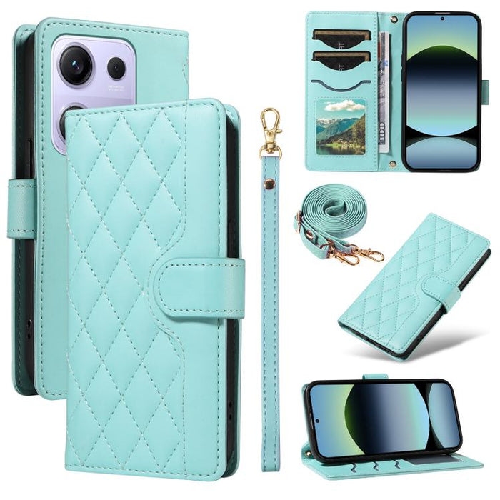Funda para teléfono de cuero con tres ranuras para tarjetas y diseño de rejilla de diamante, con correas largas y cortas., For Xiaomi Poco M6 Pro 4G Global