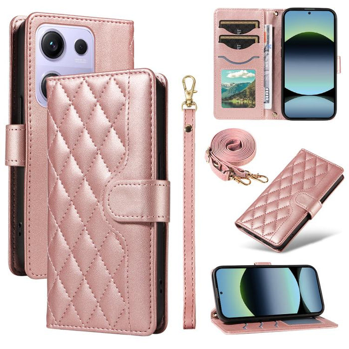 Funda para teléfono de cuero con tres ranuras para tarjetas y diseño de rejilla de diamante, con correas largas y cortas., For Xiaomi Poco M6 Pro 4G Global