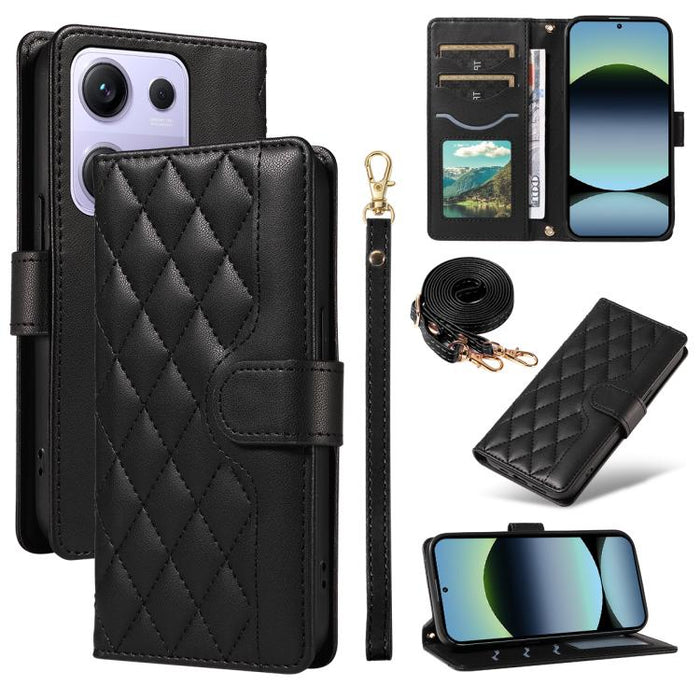 Funda para teléfono de cuero con tres ranuras para tarjetas y diseño de rejilla de diamante, con correas largas y cortas., For Xiaomi Poco M6 Pro 4G Global
