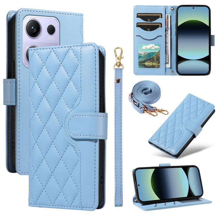 Funda para teléfono de cuero con tres ranuras para tarjetas y diseño de rejilla de diamante, con correas largas y cortas., For Xiaomi Poco M6 Pro 4G Global