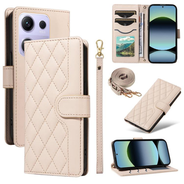 Funda para teléfono de cuero con tres ranuras para tarjetas y diseño de rejilla de diamante, con correas largas y cortas., For Xiaomi Poco M6 Pro 4G Global