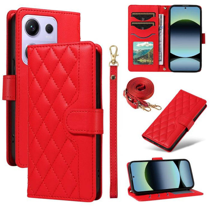 Funda para teléfono de cuero con tres ranuras para tarjetas y diseño de rejilla de diamante, con correas largas y cortas., For Xiaomi Poco M6 Pro 4G Global