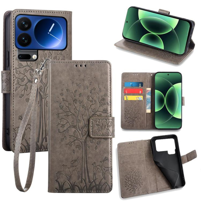 Funda de teléfono de cuero con relieve de árbol y ciervo, For Xiaomi 17 Ultra, For Xiaomi 17 Pro Max, For Xiaomi 17 Pro, For Xiaomi 17, For Xiaomi 15 Ultra