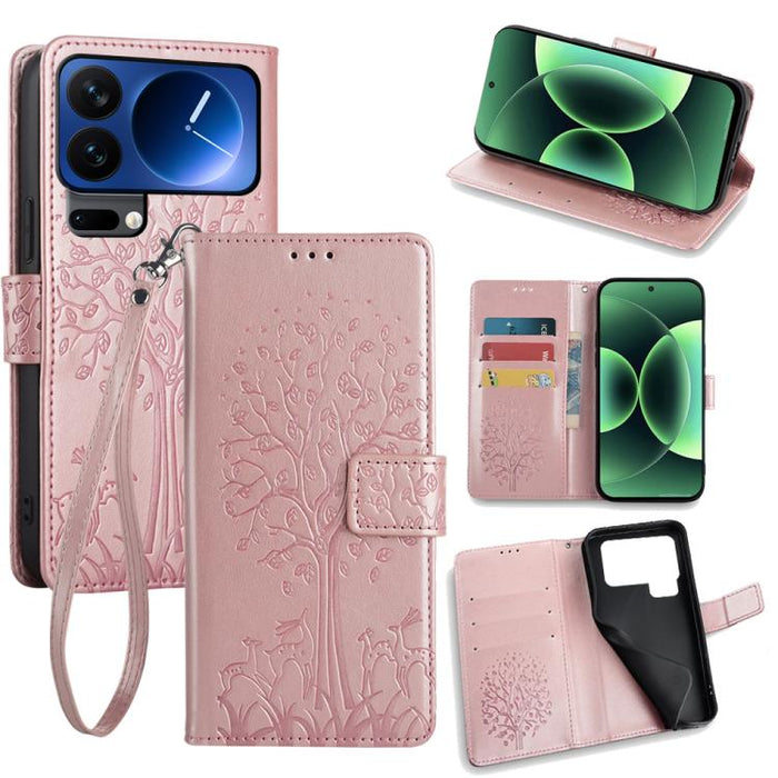 Funda de teléfono de cuero con relieve de árbol y ciervo, For Xiaomi 17 Ultra, For Xiaomi 17 Pro Max, For Xiaomi 17 Pro, For Xiaomi 17, For Xiaomi 15 Ultra