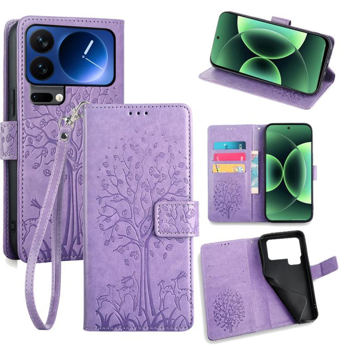 Funda de teléfono de cuero con relieve de árbol y ciervo, For Xiaomi 17 Ultra, For Xiaomi 17 Pro Max, For Xiaomi 17 Pro, For Xiaomi 17, For Xiaomi 15 Ultra