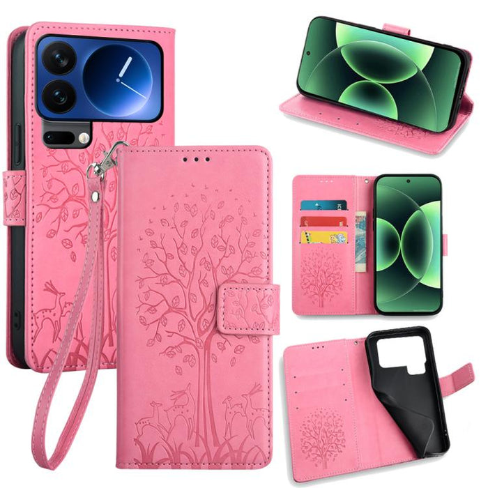 Funda de teléfono de cuero con relieve de árbol y ciervo, For Xiaomi 17 Ultra, For Xiaomi 17 Pro Max, For Xiaomi 17 Pro, For Xiaomi 17, For Xiaomi 15 Ultra