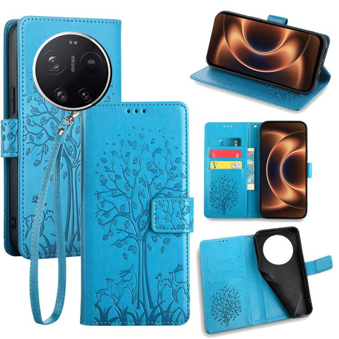 Funda de teléfono de cuero con relieve de árbol y ciervo, For Xiaomi 17 Ultra, For Xiaomi 17 Pro Max, For Xiaomi 17 Pro, For Xiaomi 17, For Xiaomi 15 Ultra