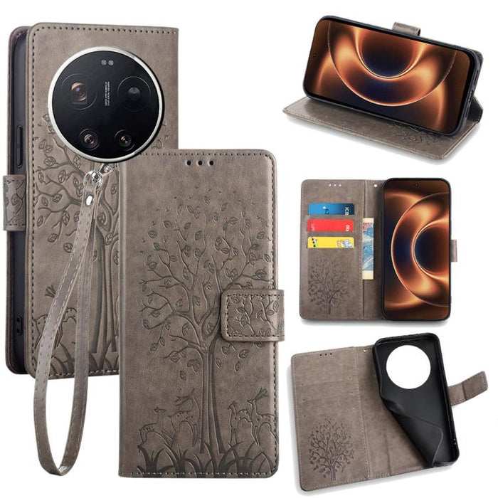 Funda de teléfono de cuero con relieve de árbol y ciervo, For Xiaomi 17 Ultra, For Xiaomi 17 Pro Max, For Xiaomi 17 Pro, For Xiaomi 17, For Xiaomi 15 Ultra