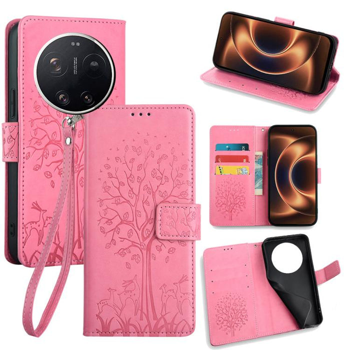 Funda de teléfono de cuero con relieve de árbol y ciervo, For Xiaomi 17 Ultra, For Xiaomi 17 Pro Max, For Xiaomi 17 Pro, For Xiaomi 17, For Xiaomi 15 Ultra