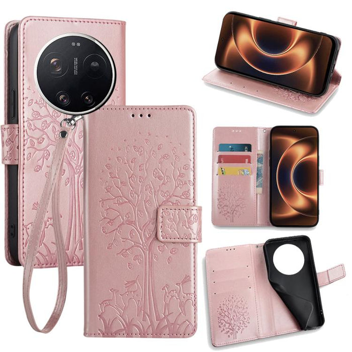 Funda de teléfono de cuero con relieve de árbol y ciervo, For Xiaomi 17 Ultra, For Xiaomi 17 Pro Max, For Xiaomi 17 Pro, For Xiaomi 17, For Xiaomi 15 Ultra