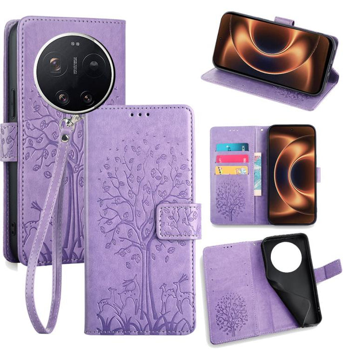 Funda de teléfono de cuero con relieve de árbol y ciervo, For Xiaomi 17 Ultra, For Xiaomi 17 Pro Max, For Xiaomi 17 Pro, For Xiaomi 17, For Xiaomi 15 Ultra