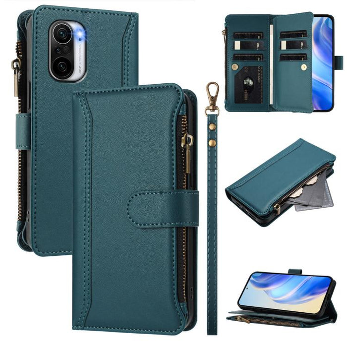 Estuche de piel con cierre magnético, 9 ranuras para tarjetas y cremallera, con correa de mano., For Redmi Note 10 5G / Note 10T 5G, For Redmi K40 / K40 Pro / Poco F3, For Redmi Note 10 Pro / Note 10 Pro Max