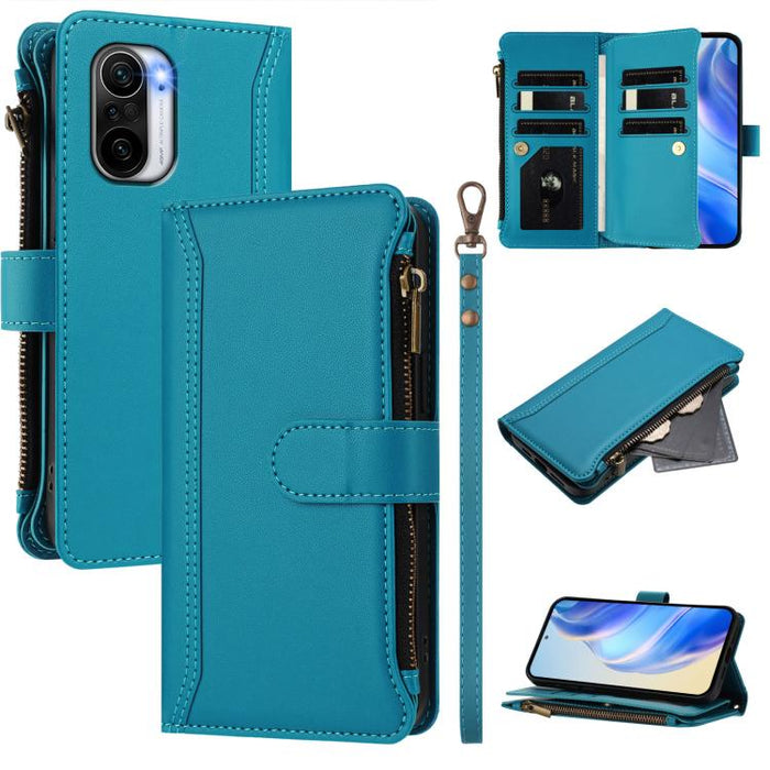 Estuche de piel con cierre magnético, 9 ranuras para tarjetas y cremallera, con correa de mano., For Redmi Note 10 5G / Note 10T 5G, For Redmi K40 / K40 Pro / Poco F3, For Redmi Note 10 Pro / Note 10 Pro Max