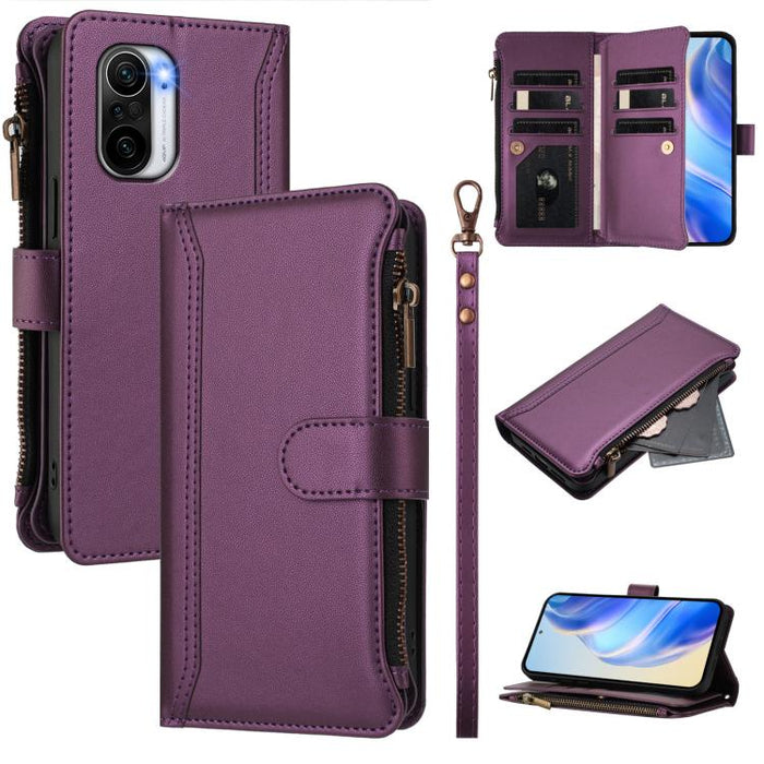 Estuche de piel con cierre magnético, 9 ranuras para tarjetas y cremallera, con correa de mano., For Redmi Note 10 5G / Note 10T 5G, For Redmi K40 / K40 Pro / Poco F3, For Redmi Note 10 Pro / Note 10 Pro Max