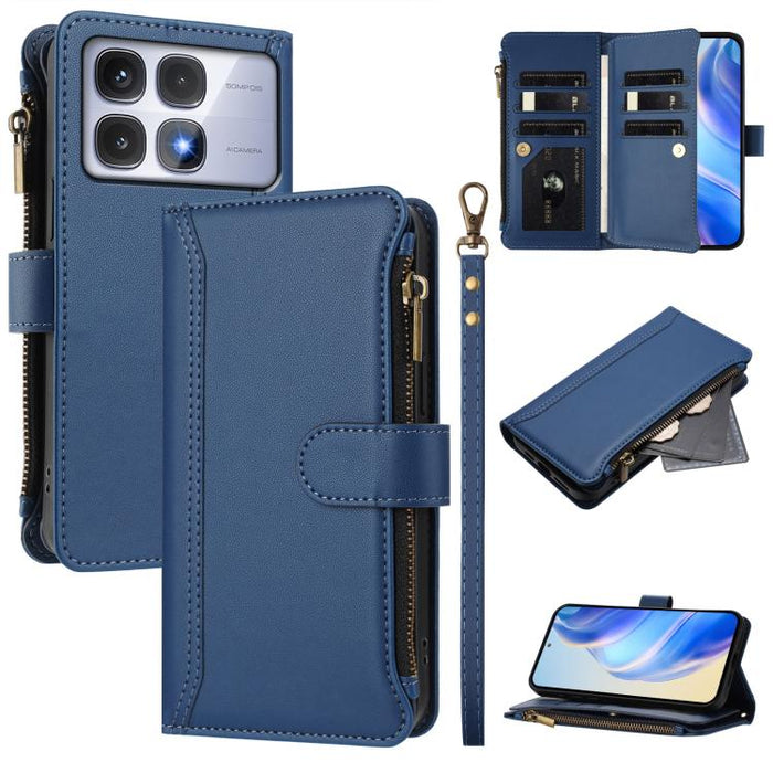 Estuche de piel con cierre magnético, 9 ranuras para tarjetas y cremallera, con correa de mano., For Redmi K80 / K80 Pro, For Redmi Note 14 Pro 4G, For Redmi Note 14 4G 163.25mm, For Redmi 14C 4G / 14R 5G / A3 Pro, For Redmi Note 14 Pro+ 5G            ...