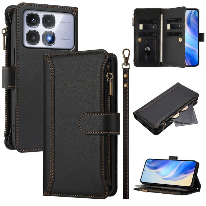 Estuche de piel con cierre magnético, 9 ranuras para tarjetas y cremallera, con correa de mano., For Redmi K80 / K80 Pro, For Redmi Note 14 Pro 4G, For Redmi Note 14 4G 163.25mm, For Redmi 14C 4G / 14R 5G / A3 Pro, For Redmi Note 14 Pro+ 5G            ...