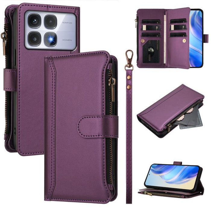 Estuche de piel con cierre magnético, 9 ranuras para tarjetas y cremallera, con correa de mano., For Redmi K80 / K80 Pro, For Redmi Note 14 Pro 4G, For Redmi Note 14 4G 163.25mm, For Redmi 14C 4G / 14R 5G / A3 Pro, For Redmi Note 14 Pro+ 5G            ...