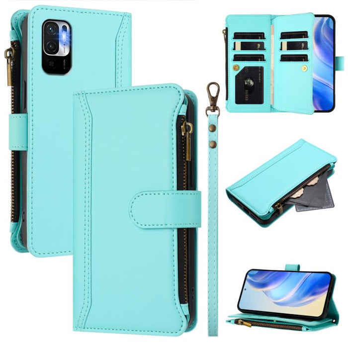 Estuche de piel con cierre magnético, 9 ranuras para tarjetas y cremallera, con correa de mano., For Redmi Note 10 5G / Note 10T 5G, For Redmi K40 / K40 Pro / Poco F3, For Redmi Note 10 Pro / Note 10 Pro Max