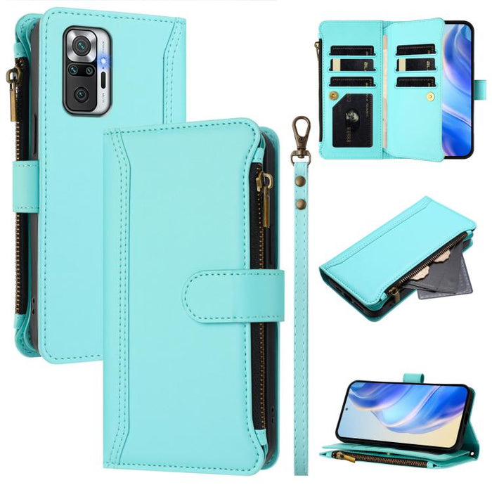 Estuche de piel con cierre magnético, 9 ranuras para tarjetas y cremallera, con correa de mano., For Redmi Note 10 5G / Note 10T 5G, For Redmi K40 / K40 Pro / Poco F3, For Redmi Note 10 Pro / Note 10 Pro Max