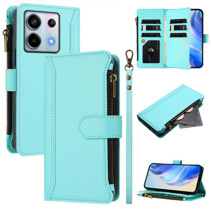Estuche de piel con cierre magnético, 9 ranuras para tarjetas y cremallera, con correa de mano., For Redmi K80 / K80 Pro, For Redmi Note 14 Pro 4G, For Redmi Note 14 4G 163.25mm, For Redmi 14C 4G / 14R 5G / A3 Pro, For Redmi Note 14 Pro+ 5G            ...