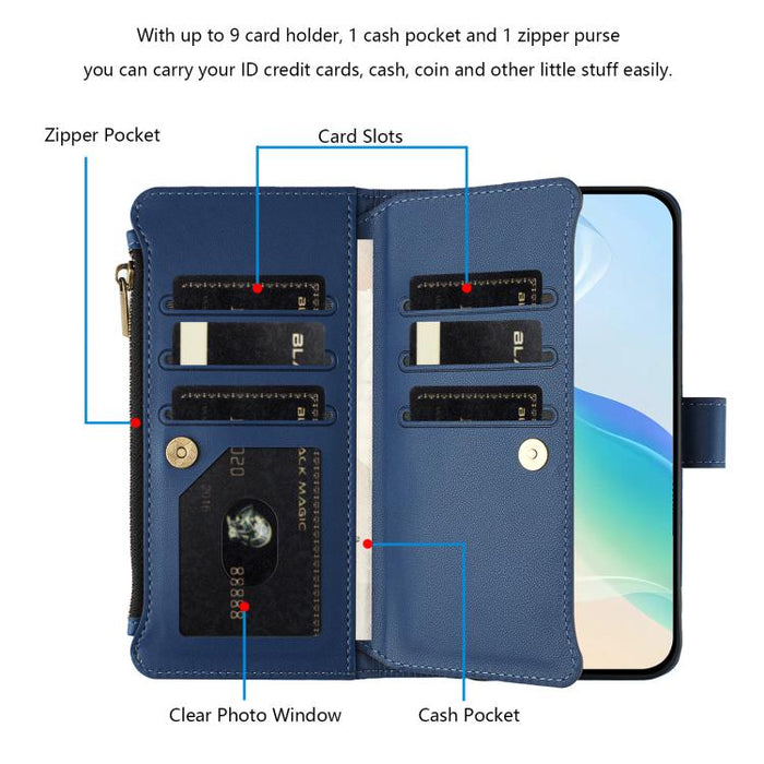 Estuche de piel con cierre magnético, 9 ranuras para tarjetas y cremallera, con correa de mano., For Redmi Note 14 Pro 4G, For Redmi Note 14 4G 163.25mm, For Redmi 14C 4G / 14R 5G / A3 Pro, For Redmi Note 14 Pro+ 5G, For Redmi K70 Ultra                ...