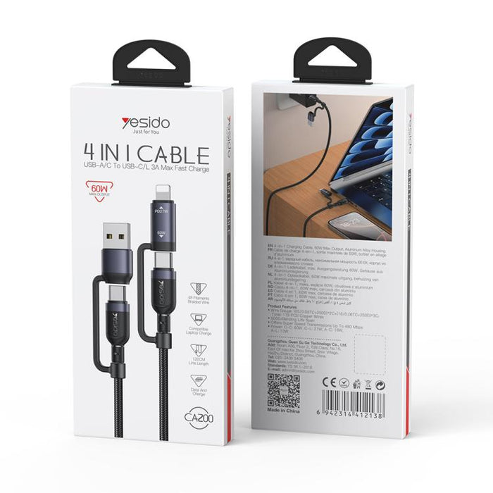 Yesido CA200 1.2m 60W USB / Type-C to Type-C / 8 Pin Fast Charging Data Cable, CA200