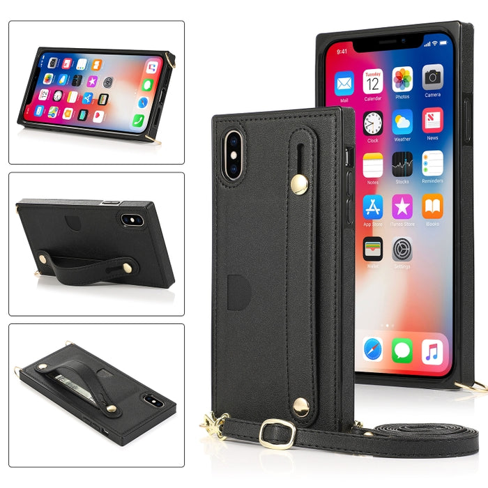 Correa de muñeca PU + TPU Estuche protector a prueba de golpes con cordón cruzado y soporte y ranura para tarjeta