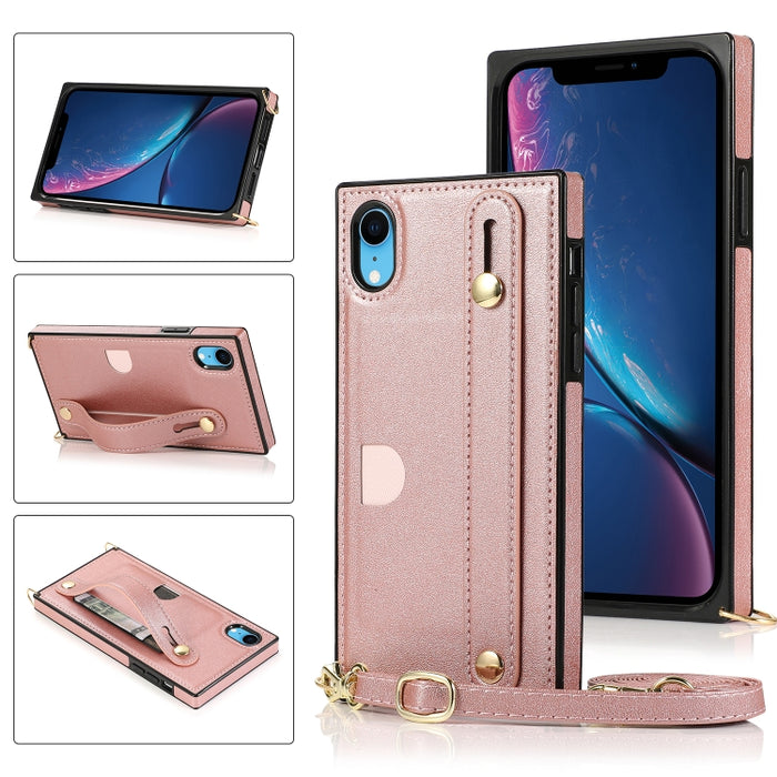 Correa de muñeca PU + TPU Estuche protector a prueba de golpes con cordón cruzado y soporte y ranura para tarjeta