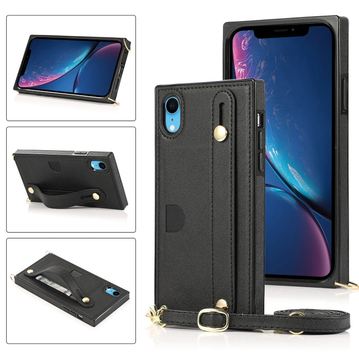 Correa de muñeca PU + TPU Estuche protector a prueba de golpes con cordón cruzado y soporte y ranura para tarjeta