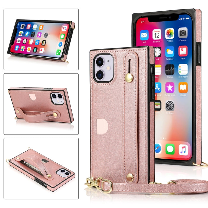 Correa de muñeca PU + TPU Estuche protector a prueba de golpes con cordón cruzado y soporte y ranura para tarjeta