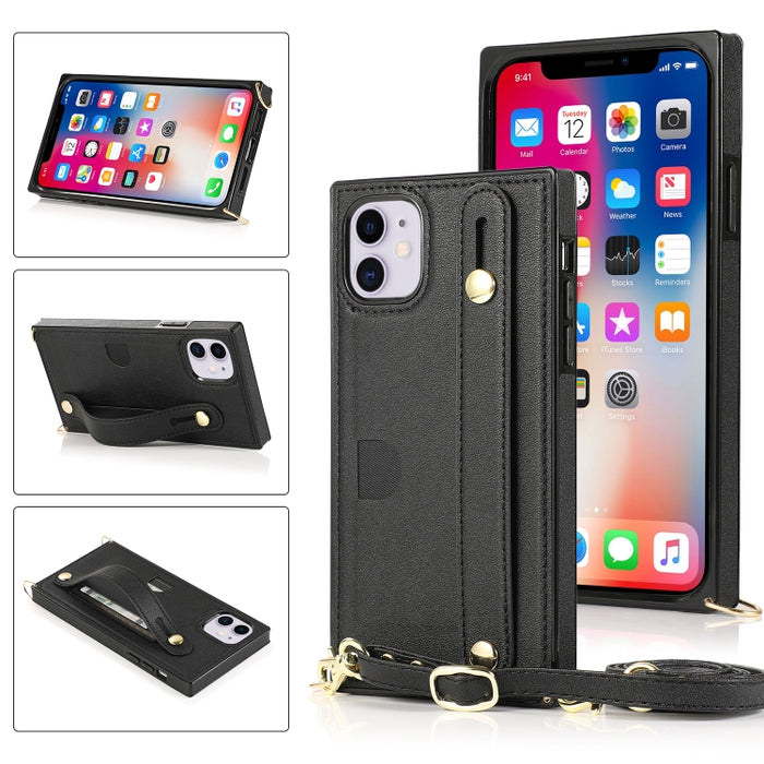 Correa de muñeca PU + TPU Estuche protector a prueba de golpes con cordón cruzado y soporte y ranura para tarjeta