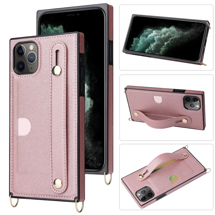 Correa de muñeca PU + TPU Estuche protector a prueba de golpes con cordón cruzado y soporte y ranura para tarjeta