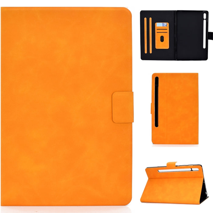 Estuche de cuero con tapa horizontal con textura de piel de vaca con soporte y ranuras para tarjetas y suspensión / activación