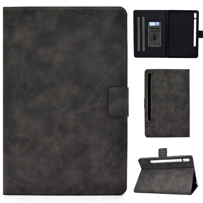Estuche de cuero con tapa horizontal con textura de piel de vaca con soporte y ranuras para tarjetas y suspensión / activación