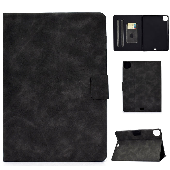 Estuche de cuero con tapa horizontal con textura de piel de vaca con soporte y ranuras para tarjetas y suspensión / activación